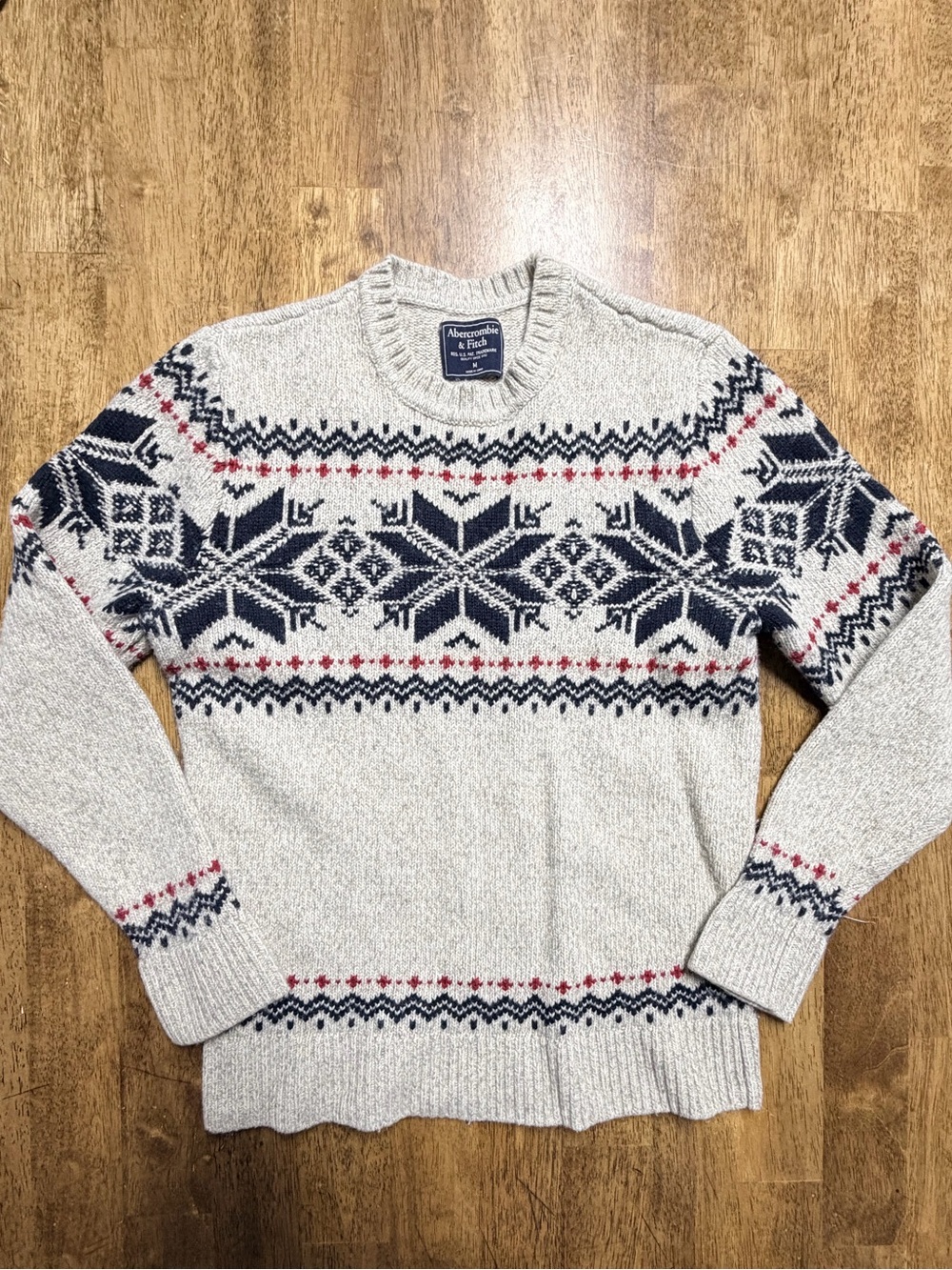 Abercrombie & Fitch Cream Crewneck Sweater with Navy & Red Fair Isle